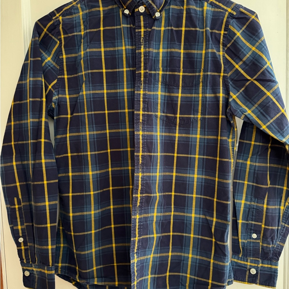 GAP Men's Navy and Yellow Plaid Shirt